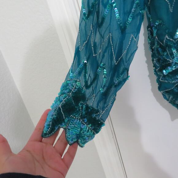 Evening Entry Womens Sz M Teal Vintage 100% Silk Beaded Sequin Top Formal Blouse - Picture 5 of 6